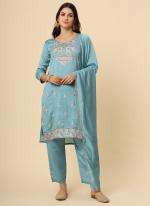 Silk Blend Sky Blue Casual Wear Embroidery Work Readymade Kurti Set